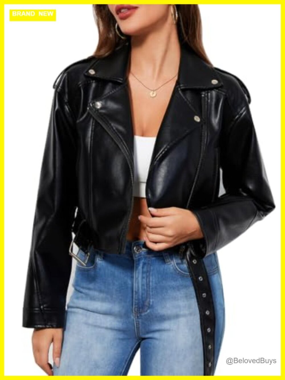Women's Faux Leather Moto Biker Jacket Crop Punk Rivet Coat with Belt Short PU